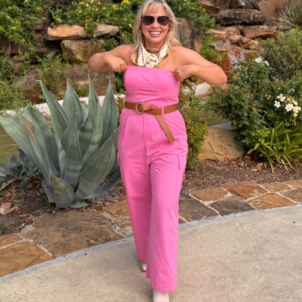 Strapless Pink Wide-Leg Jumpsuit with Belt